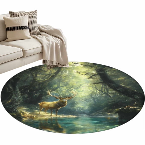 Green Forest Deer Large Area Rugs for Bedroom Living Room, Soft Non Slip Carpet Bedside Rug, Fantasy Vintage Nature Scenery Round Floor Cover Kitchen Accent Rug 4' for Dining Room/Office