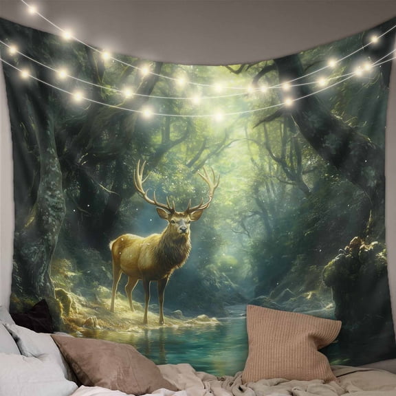 Green Forest Deer Large Tapestry for Bedroom Wall Hanging Tapestry, Fantasy Vintage Nature Scenery Ceiling Backdrop Tapestries Poster Blanket Wall Decor for Teens Room Living Room Dorm 85" x 90"