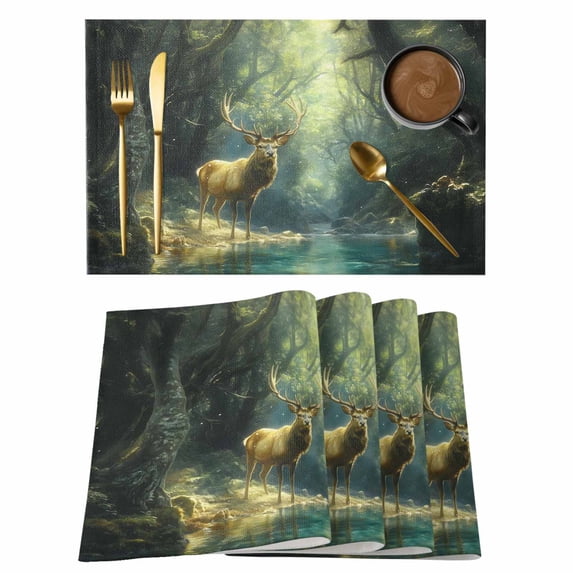 Green Forest Deer Placemats Set of 4 Fantasy Vintage Nature Scenery Place Mats Indoor Wipeable Table Mats Washable Cloth Dining Table Placemats for Kitchen Holiday Party Home Decor 13x19 Inch