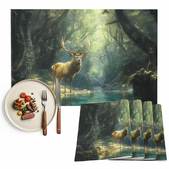 Green Forest Deer Placemats Set of 4, Fantasy Vintage Nature Scenery Washable Wipeable Table Mats for Dining Tables, Indoor Outdoor Kitchen Place Mats for Holiday Party Table Decor