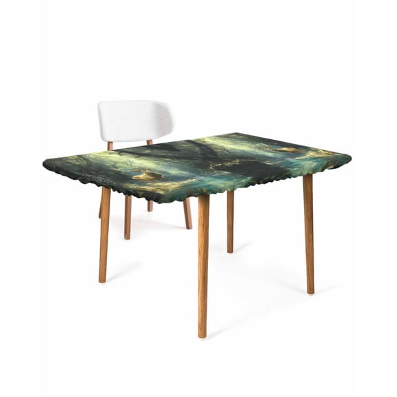 Green Forest Deer Rectangle Tablecloth, Waterproof Elastic Fitted Table Covers for 4 Foot Tables, 24x50inch Decorative Tablecloths for Picnic, Camping, Indoor, Outdoor, Fantasy Vintage Nature Scenery