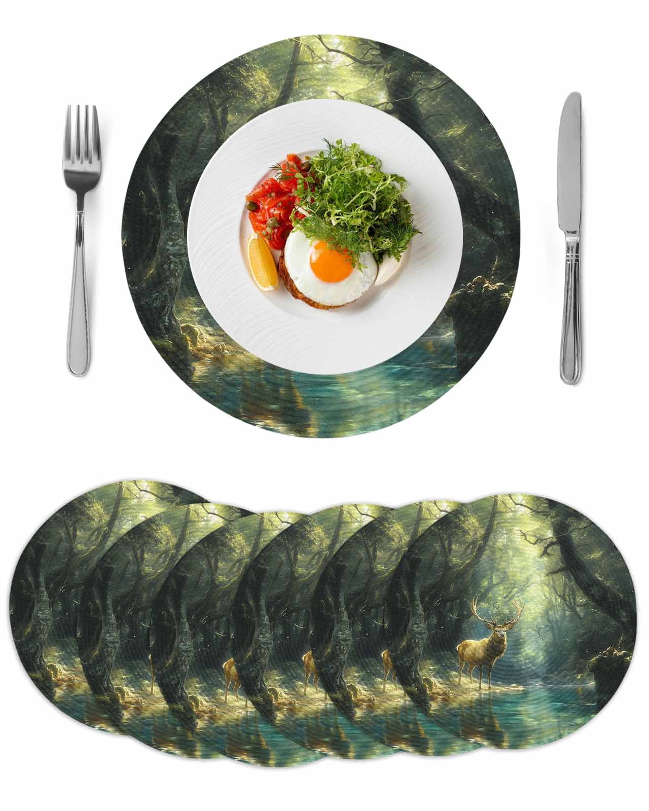 Green Forest Deer Round 13 Inch Placemats Set of 6, Fantasy Vintage ...