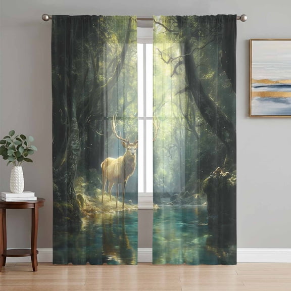 Green Forest Deer Sheer Curtains 63 Inch Length 2 Panels Set, Fantasy Vintage Nature Scenery Voile Window Treatment Rod Pocket Curtains Sheers Drapes for Bedroom/Living Room/Kitchen 52x"63"x2