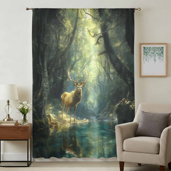 Green Forest Deer Sheer Curtains 72 Inches Long, Fantasy Vintage Nature Scenery Light Filering Curtains, Breathable Simi Curtain Privacy Drapes for Living Room Bedroom Lightweight Window Treatment