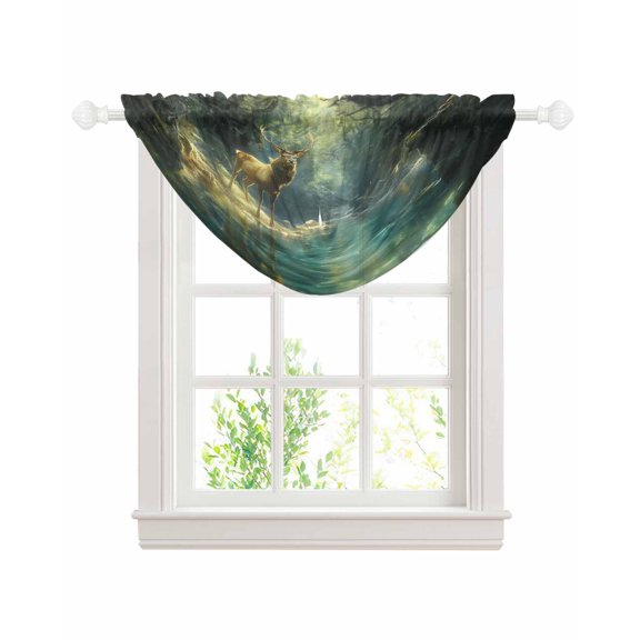 Green Forest Deer Sheer Waterfall Valance Curtains for Window, Fantasy Vintage Nature Scenery Rod Pocket Sheer Topper Swag Curtains for Living Room, Kitchen 38.5"W x 47.2"L, 1 Panel