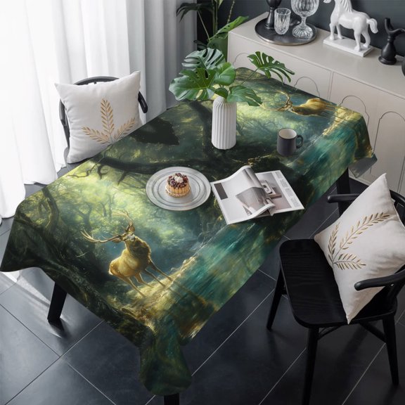 Green Forest Deer Table Cloth Waterproof Tablecloths, Fantasy Vintage Nature Scenery Tablecloth Dining Table Cover for Kitchen Party Tabletop Outdoor, Rectangle Tablecloth 60x120 Inch