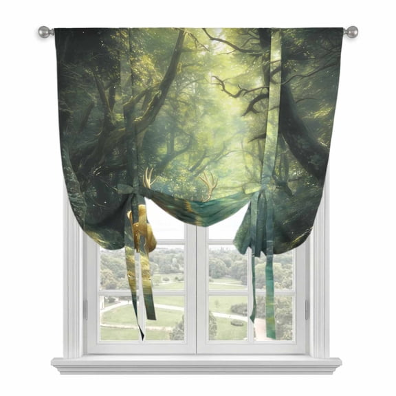 Green Forest Deer Tie Up Curtains for Windows, Adjustable Rod Pocket Valance Shade, Fantasy Vintage Nature Scenery Light Filtering Window Treatment for Kitchen Bedroom Living Room 34"x 45"