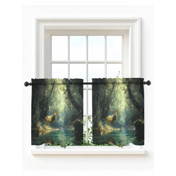 Green Forest Deer Tier Curtains 24 Inch Length,Sheer Curtains for Bedroom Living Room Window Fantasy Vintage Nature Scenery Rod Pocket Drapes Kitchen Curtains Small Half Window 27.5"x24" 2 Panels