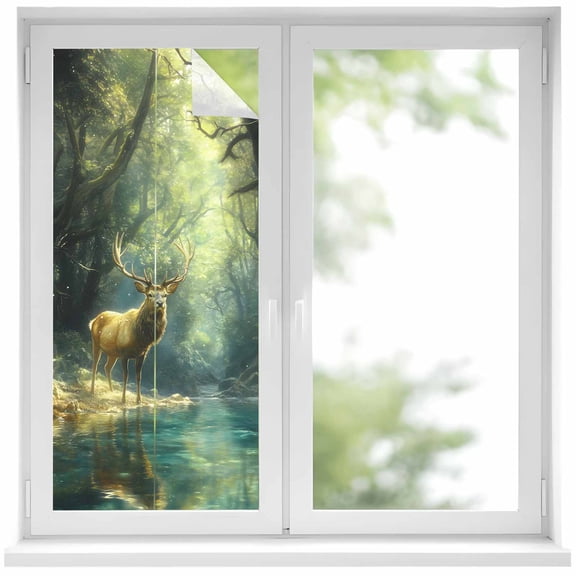 Green Forest Deer Window Privacy Film, Fantasy Vintage Nature Scenery Static Cling UV Sun Blocking Heat Control Window Tint Day and Night, Non-Adhesive One Way Windows Privacy Cover 19.6''x39.3''