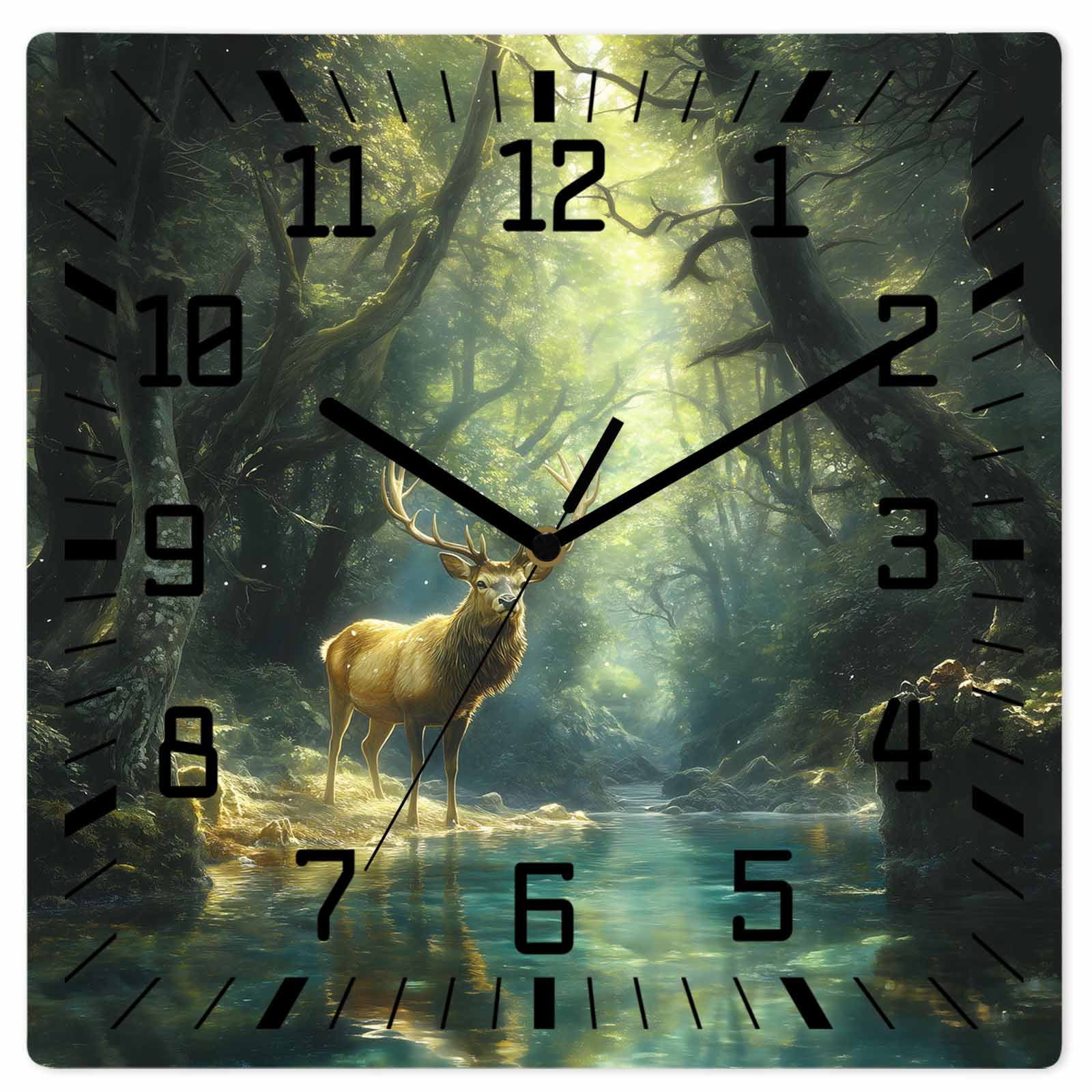 Green Forest Deer Wooden Wall Clock Silent Non Ticking, Fantasy Vintage ...