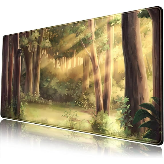 Green Forest Desk Mat Brown Nature Extended Mouse Pad XL Large Gaming Mousepad Japanese Anime Aesthetics Desk Pad Big Deskmat Computer Keyboard Mouse Mat 31.5''''x15.7'''' with Stitched Edges