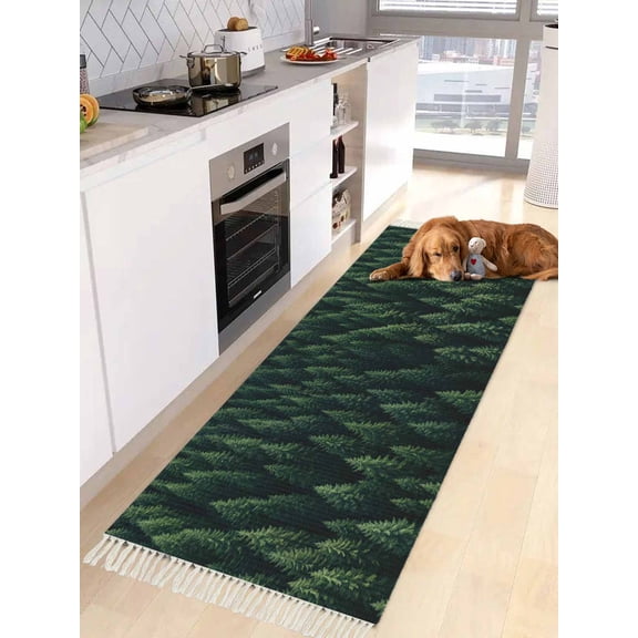 Green Forest Entryway Runner Rug 2x4ft,Modern Pine Trees Mysterious Art Washable Woven Living Room Hallway Bedroom Kitchen Carpet with Tassels,Non-Shedding Indoor Outdoor Throw Door Mat for Entryway