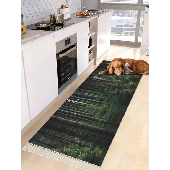 Green Forest Entryway Runner Rug 2x4ft,Mysterious Primitive Forest Pine Tree Washable Woven Living Room Hallway Bedroom Kitchen Carpet with Tassels,Indoor Outdoor Throw Door Mat for Entryway