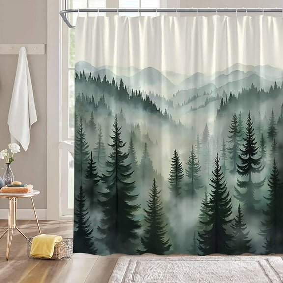 Green Forest Fabric Shower Curtain,Nature Tree Mountain Woodland Decorative Bathroom Shower Curtain with Hooks,Shower Curtain for Men and Boys,Water Resistant-48"W x 72"L (Pack of 1)