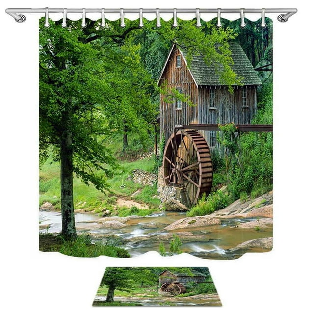 Green Forest Farmhouse Bath Set Shower Curtain & Rug