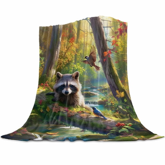 Green Forest Flannel Blanket for Bed,Travel and Camping, Animal Raccoon Super Soft Cozy Blanket for All Seasons 30"x40"