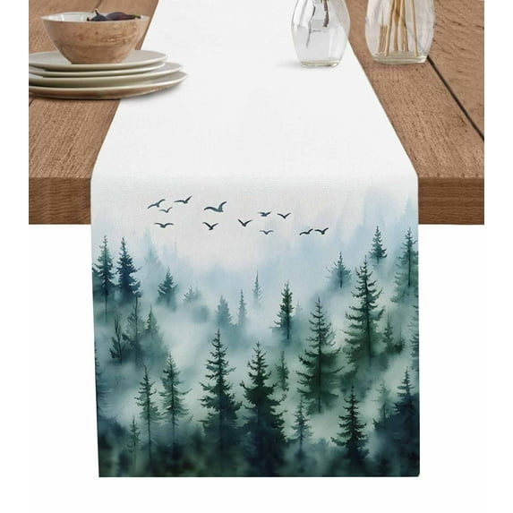 Green Forest Fog Table Runner 72 Inches, Watercolor Abstract Art Bed Runner Dresser Scarves Tabletop for Indoor Outdoor Parties/Ceremony/Banquet, 16" x 72"