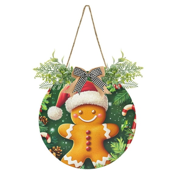 Green Forest Gingerbread Man Front Door Porch Decoration Hanging Sign with Artificial Green Plants and Bow for Home Outdoor Indoor