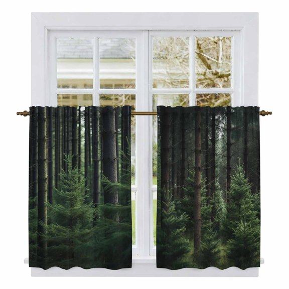 Green Forest Kitchen Curtains, Mysterious Primitive Forest Pine Tree Light Filtering Window Curtain Panels, 2Pcs Rod Pocket Window Treatments Set for RV Dining Room Study Room 42x45 Inches