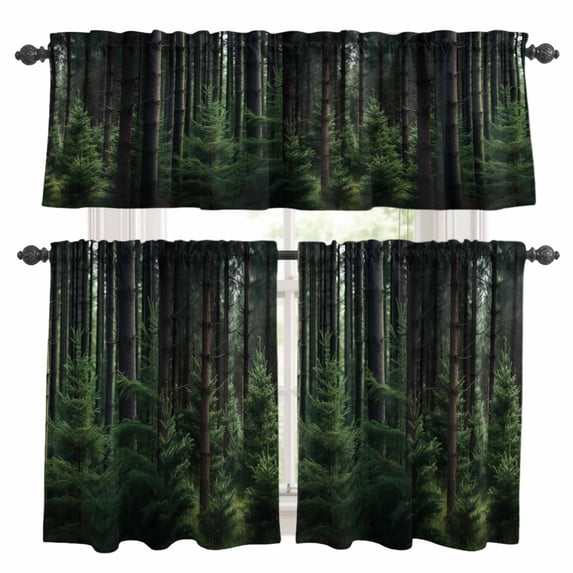 Green Forest Kitchen Curtains Sets for Windows 24 Inch Length, Mysterious Primitive Forest Pine Tree Rod Pocket Window Treatments Tier Curtains and Valances Set for Bedroom/Bathroom