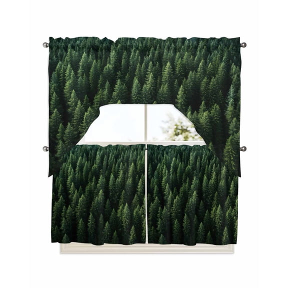 Green Forest Kitchen Curtains Swag Valance and Tier Curtains Set 24 Inch Length, Pine Trees Modern Mysterious Art Rod Pocket Drape Panels Pair Swag Curtains for Bathroom/Cafe/Window