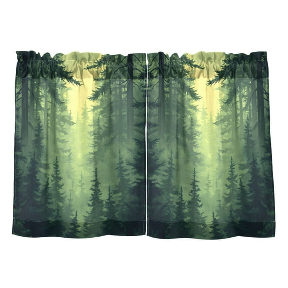 Green Forest Kitchen Curtains Tier Set 27x36 Inch 2 Panels Semi Sheer Light Filtering Privacy UV Protection