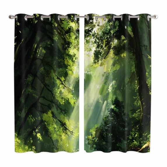 Green Forest Kitchen Curtains Window Panels, Nature Spring Scenic Woodland Insulated Window Treatment Curtain, Grommet Curtains for Bedroom/Living Room/Bathroom, 2 Piece 42"Wx63"L