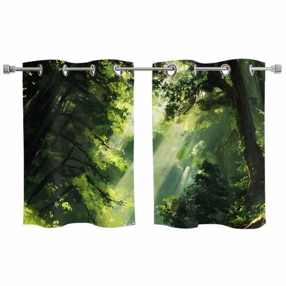 Green Forest Kitchen Curtains Window Panels, Nature Spring Scenic Woodland Insulated Window Treatment Curtain, Grommet Curtains for Bedroom/Living Room/Bathroom, 2 Piece 27.5"Wx39"L