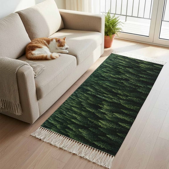 Green Forest Kitchen Runner Rug 2'x4', Pine Trees Modern Mysterious Art Washable Rug with Tassels, Non Slip Woven Cotton Bathroom Rugs Hallway Carpet for Foyer Bedroom Entry Back Door Decor