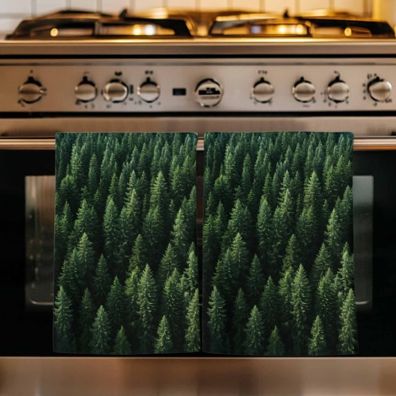 Green Forest Kitchen Towels Set of 1, Pine Trees Modern Mysterious Art Absorbent Dish Towels for Kitchen, Microfiber Hand Towel, Quick Drying Tea Towel for Cleaning Decorative Dishcloths
