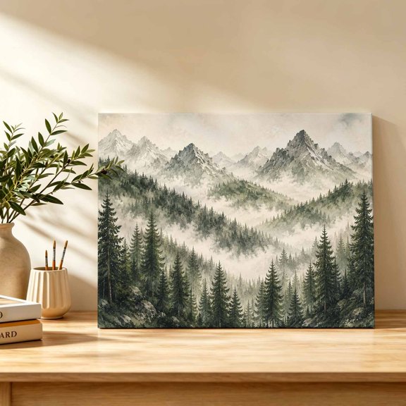 Green Forest Landscape Canvas Wall Art, Country Minimalist Fog Pines Tree Leaf Peaks Wall Art Prints Artwork Framed Canvas Ready to Hang Art Pictures for Bathroom Bedroom Entry Desk Corner 10" x 8"