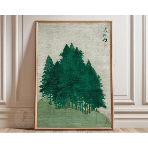Green Forest Landscape Minimalist Pine Tree Wall Art Print, Unframed Paper Poster 24x36in
