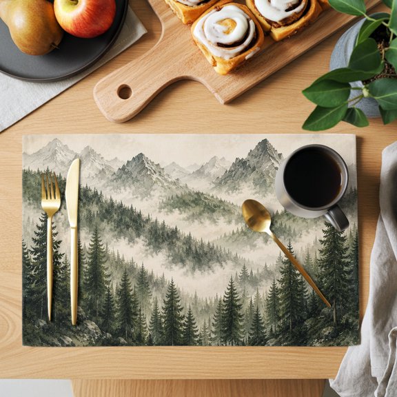 Green Forest Landscape Placemats Set of 1, Country Minimalist Fog Pines Tree Leaf Peaks Non-Slip Place Mats Washable Table Mats for Kitchen Dining Table Decorations Indoor/Outdoor