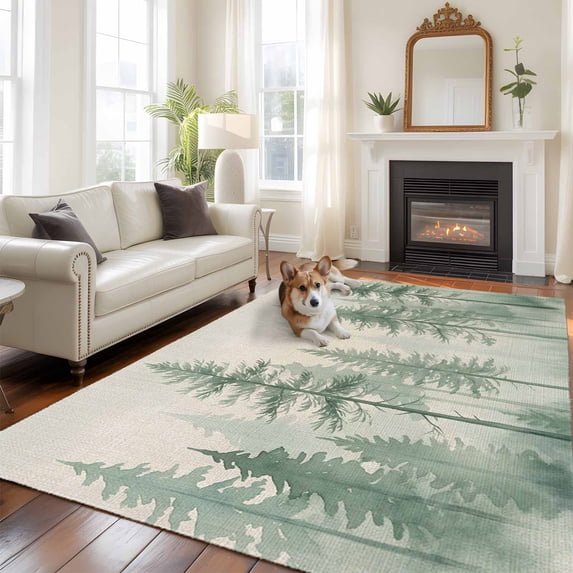 Green Forest Large Area Rugs 6x9 ft Watercolor Misty Green Tall Trees Linen Texture Washable Rug Non Slip Indoor Carpet Absorbent Floor Mat for Living Room Bedroom Dining Room