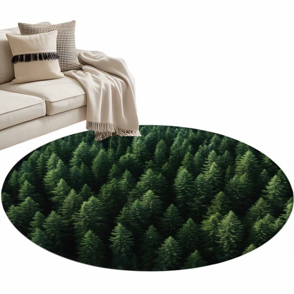 Green Forest Large Area Rugs for Bedroom Living Room, Soft Non Slip Carpet Bedside Rug, Pine Trees Modern Mysterious Art Round Floor Cover Kitchen Accent Rug 3' for Dining Room/Office