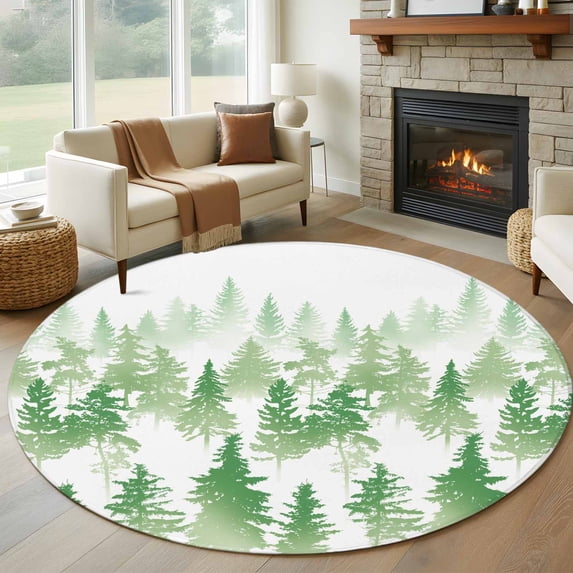 Green Forest Large Round Rug 8 FT, Non Slip Living Room Area Carpet, Contemporary Silhouette Abstract Art Washable Soft Circle Rug Non-Shedding Floor Carpet for Bedroom Office Dining Room