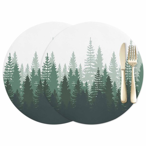 Green Forest Leather Placemats Set of 2, 12 Inch, Nature Woodland Tree Misty Forest Silhouette Landscape Waterproof Oil-Proof Place Mats, Non-Slip Table Mats for Kitchen, Dining Room, Indoor Outdoor