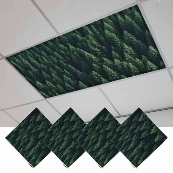 Green Forest Magnetic Fluorescent Light Covers for Ceiling Lights 2 x 4 Feet, Modern Pine Trees Mysterious Art Office Classroom Kitchen Drop Ceiling Light Covers Lighting Filters Shade Panel 4 Packs