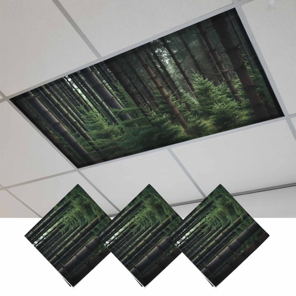 Green Forest Magnetic Fluorescent Light Covers for Ceiling Lights 2x4Ft, Mysterious Primitive Forest Pine Tree Office Classroom Kitchen Drop Ceiling Light Covers Lighting Filters Shade Panel 3 Packs