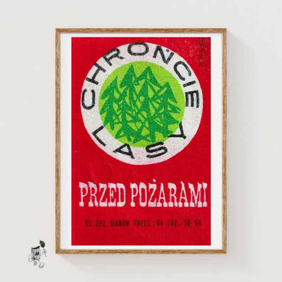 Green Forest Matchbox Print Vintage Czech Wall Decor
