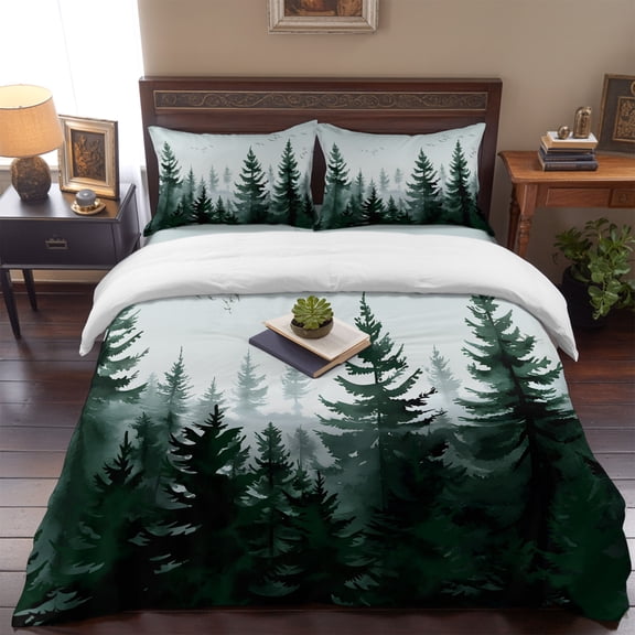 Green Forest Misty Tree Queen Size Bed Set,Natural Scenery Oil Painting Style Bedding for All Seasons,4 Pcs Bed Set,1 Quiltcover (90"x90"),1 Sheet (90"x102"),2 Pillowcases (20"x30")