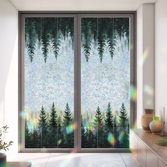 Green Forest Misty Tree Window Privacy Film, Rainbow Film Decorative Window Sticker 35.4x78.7in, Natural Scenery Oil Painting Style Sun Blocking Static Stained Glass Cling Tint Non-Adhesive