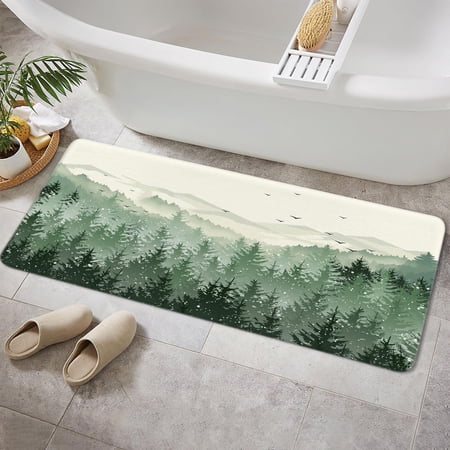 Green Forest Mountain Bathroom Rug, Green Misty Forest Tree Non Slip Soft Bath Mat, Nature Scenery Landscape Bath Rugs for Bathroom Living Room Bedroom Kitchen Indoor for Home Decor,17X48IN