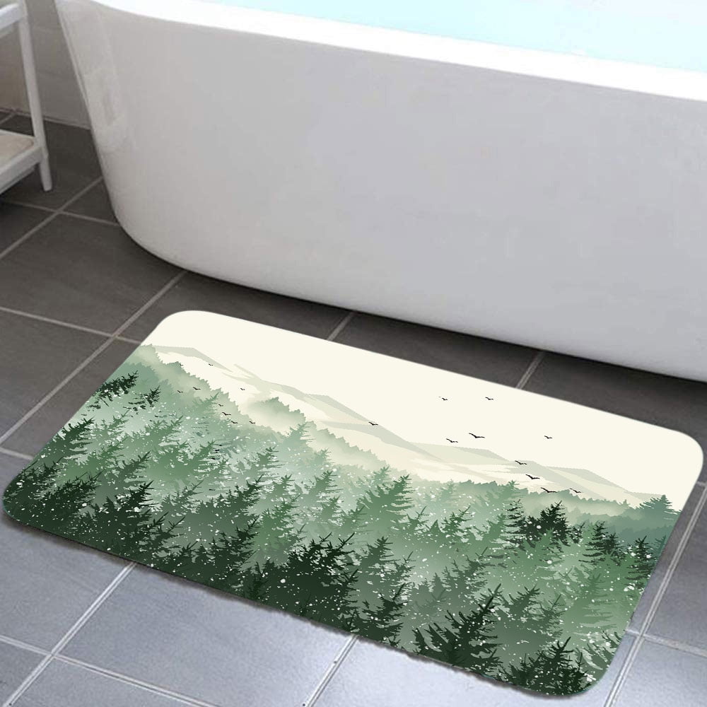 Green Forest Mountain Bathroom Rug, Green Misty Forest Tree Non Slip ...