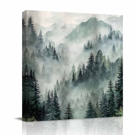 Green Forest Mountain Canvas Wall Art for Living Room, Retro Watercolor Gradual Foggy Pine Tree Poster Print Painting for Bedroom Office Home Decoration Wall Pictures Prepare To Hang 8"x8"