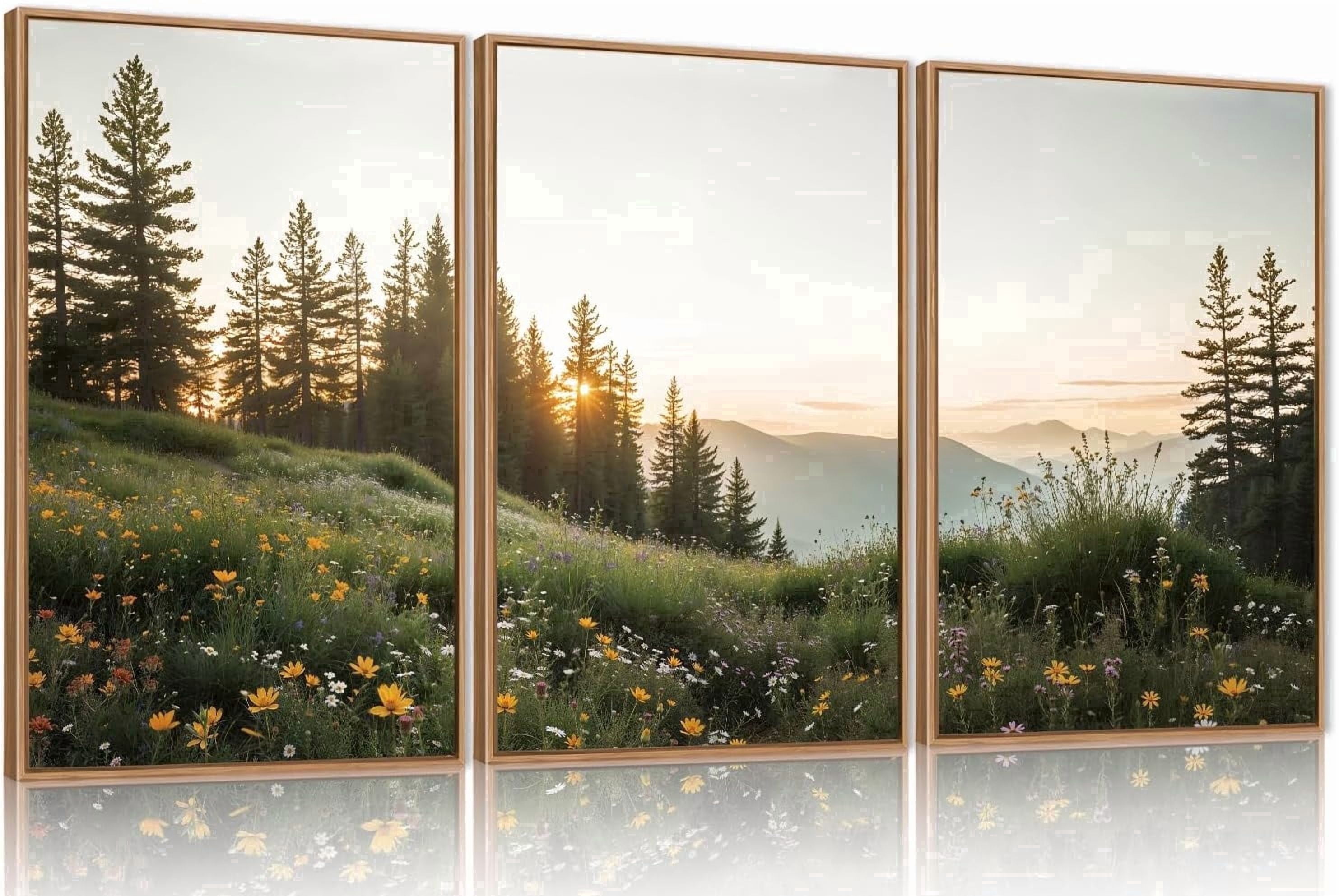 Green Forest Mountain Framed Canvas Wall Art Set, Wildflower Meadow Wall Decor, Floral Pictures Artwork, Nature Sunset Landscape Art Prints for Living Room, Bedroom, Office - Size 16"x24"x3