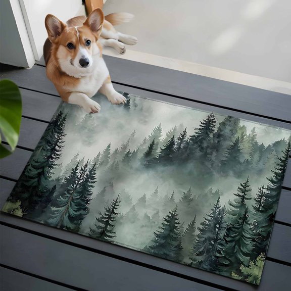 Green Forest Mountain Front Door Rugs 2x3 ft Retro Watercolor Gradual Foggy Pine Tree Small Rug for Entryway Non Slip Washable Bathroom Door Mat Absorbent Floor Mat for Indoor Entrance