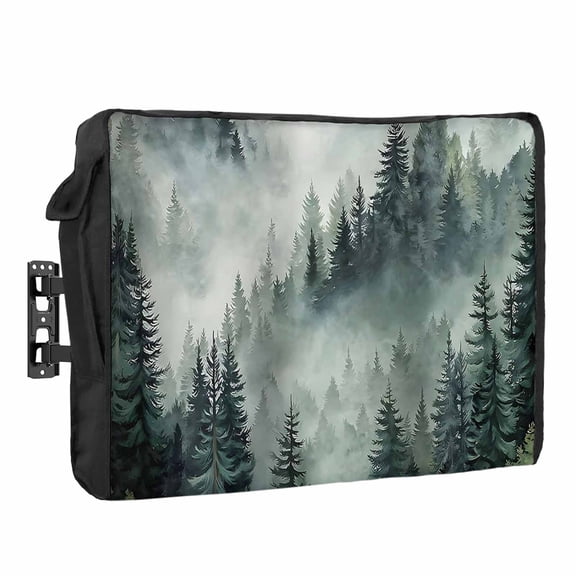 Green Forest Mountain Waterproof Outdoor TV Cover, Retro Watercolor Gradual Foggy Pine Tree Outside Weatherproof TV Enclosures for 80 to 85 Inch LCD Television Shield Flat Screen Protectors