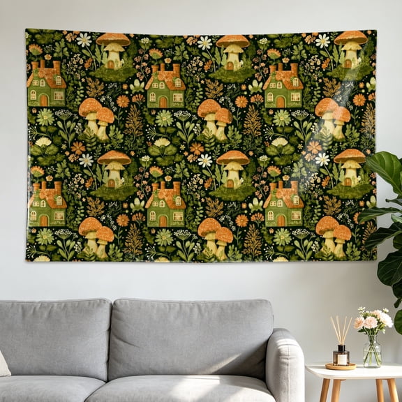 Green Forest Mushroom House Floral Botanical Wall tapestry,Large size Printed Horizontal Tapestry blanket,Polyester Fabric Wall Hanging for livingroom,bedroom,No Installation Required,Indoor,Outdoor,