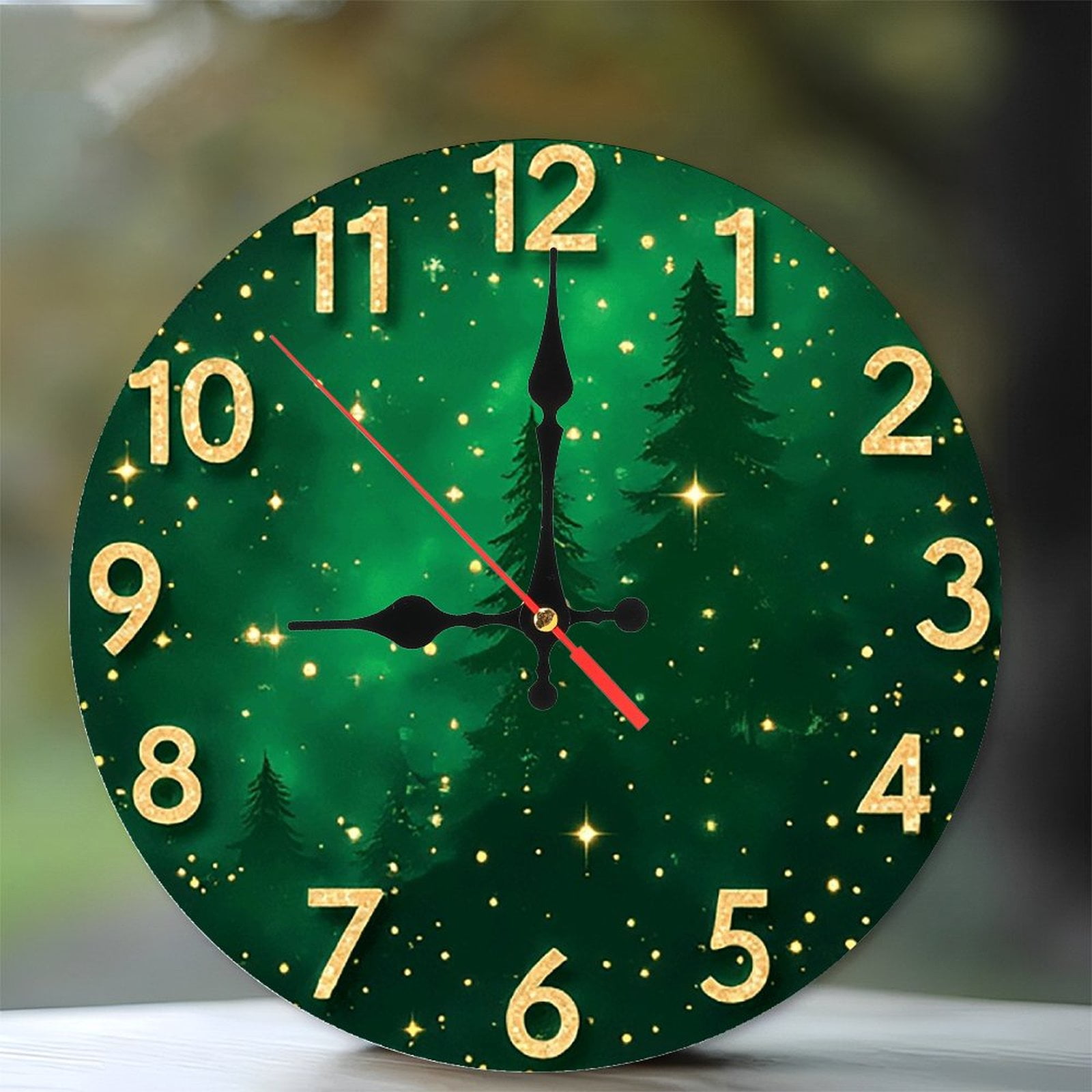 Green Forest Night Sky Wall Clock 10-Inch Silent Wooden Wall Clock ...